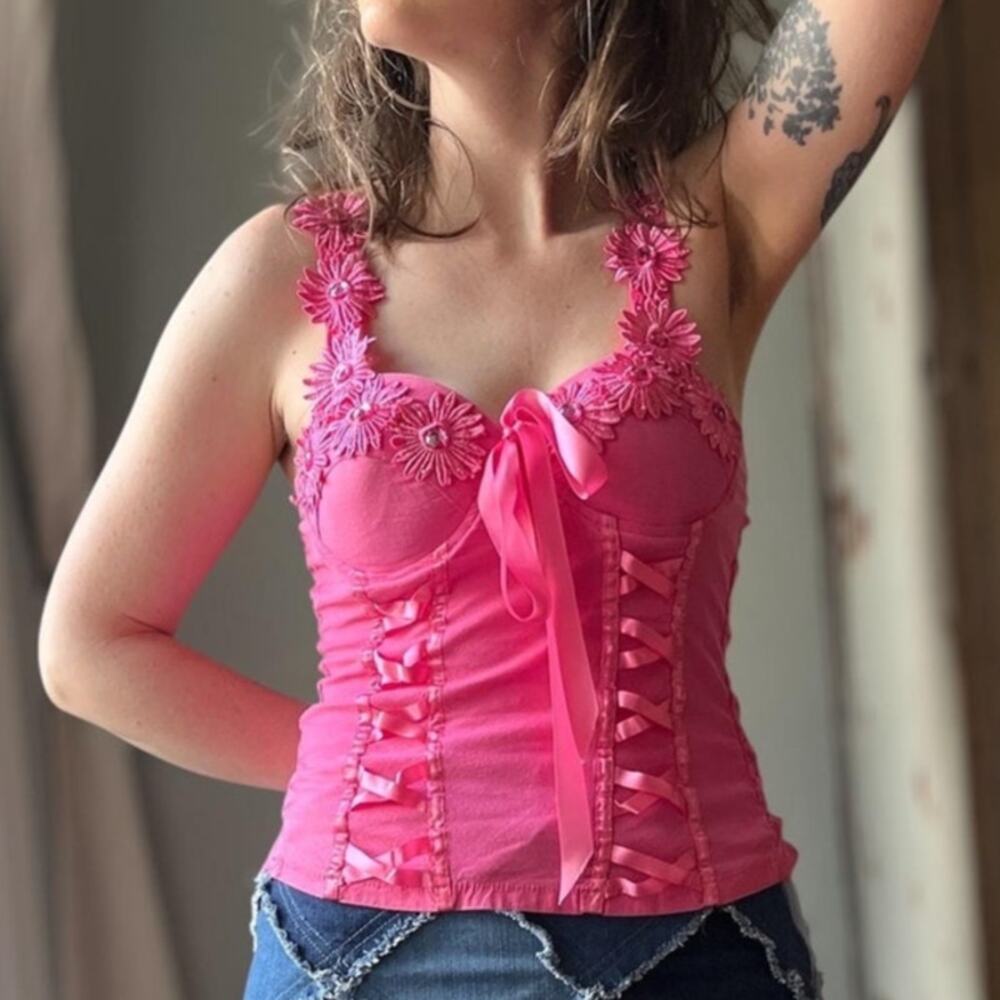 Vintage Y2K Bustier Top | Hot Pink Ribbon & Daisy Appliqué | Fairycore | Size M